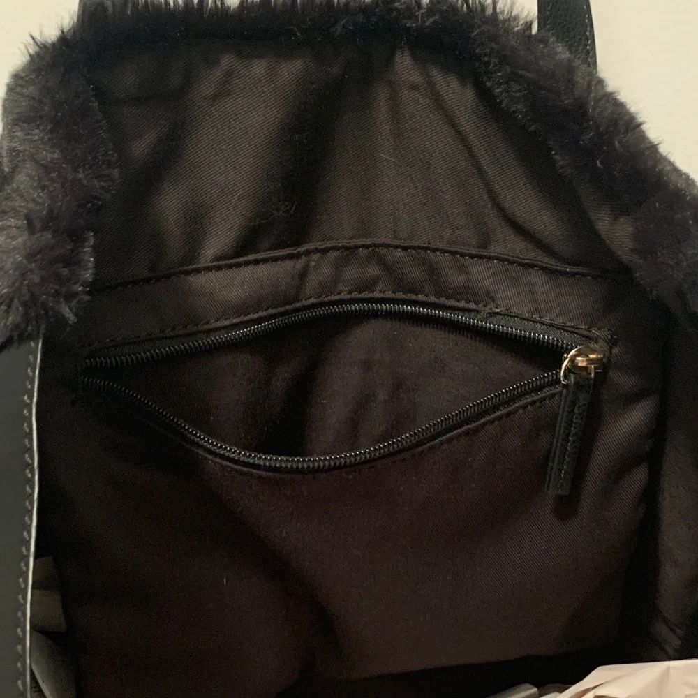 Black Faux Fur Tote with Leather Straps